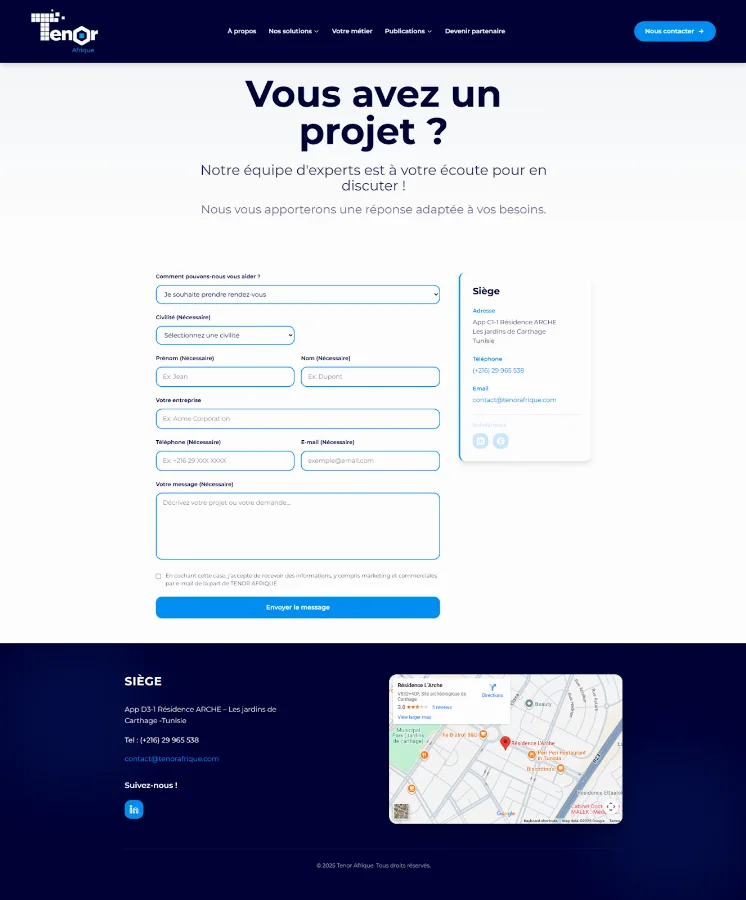 Tenor Afrique website contact-page design from the published project